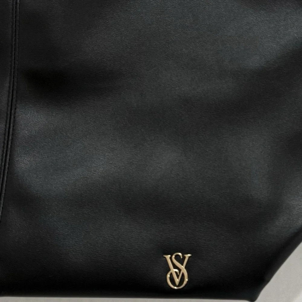 Victoria's Secret VS Bow Tote Bag Large Black Hobo Slouchy Faux Leather